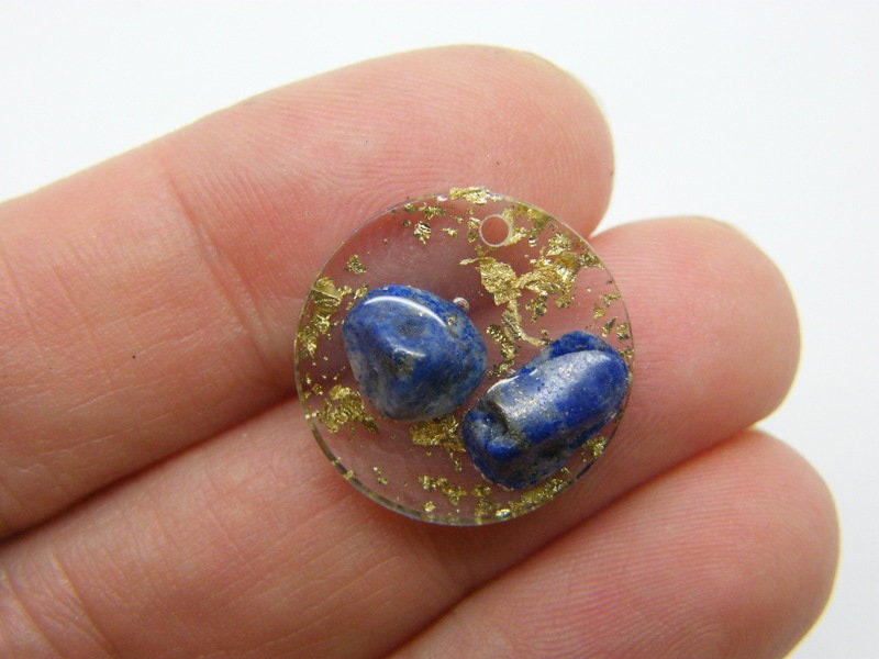 16 Gold foil actual blue stone clear resin charms M337