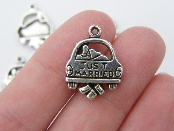 6 Just married car charms  antique silver tone M240