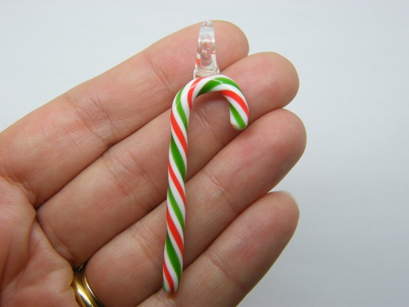 1 Candy cane Christmas pendant red green and white lampwork glass CT245