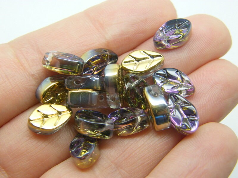 12 Leaf purple silver gold AB beads glass L77