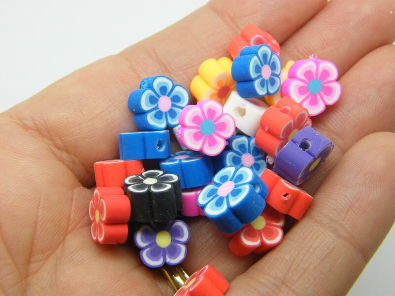 30 Flower beads 10mm random mixed polymer clay F422 - SALE 50% OFF