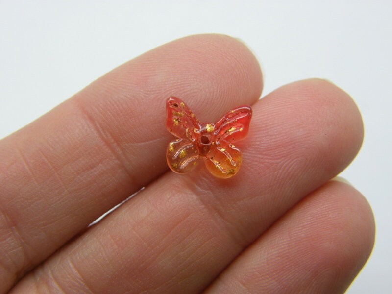 14 Butterfly beads red orange with gold foil glass A260
