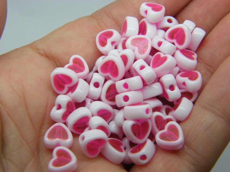 100 heart beads pink white acrylic AB284 - SALE 50% OFF