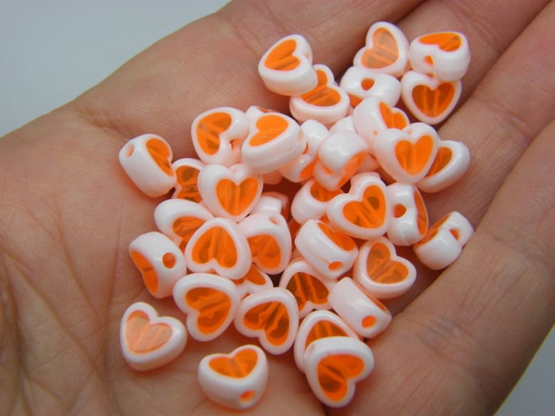 100 heart beads orange white acrylic AB287 - SALE 50% OFF