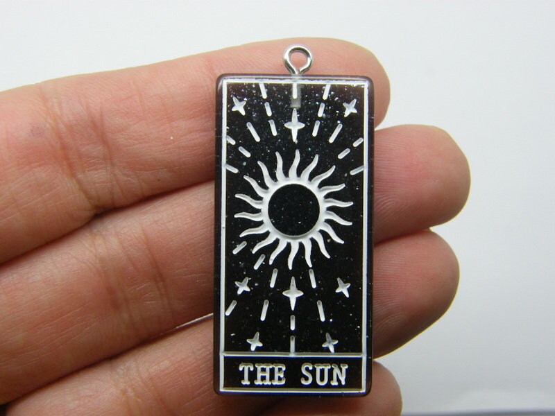 1 The sun tarot reading card pendant black glitter dust white resin HC358