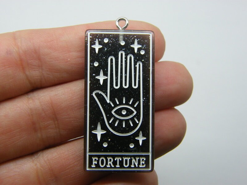 1 Fortune tarot reading card pendant black glitter dust white resin HC357