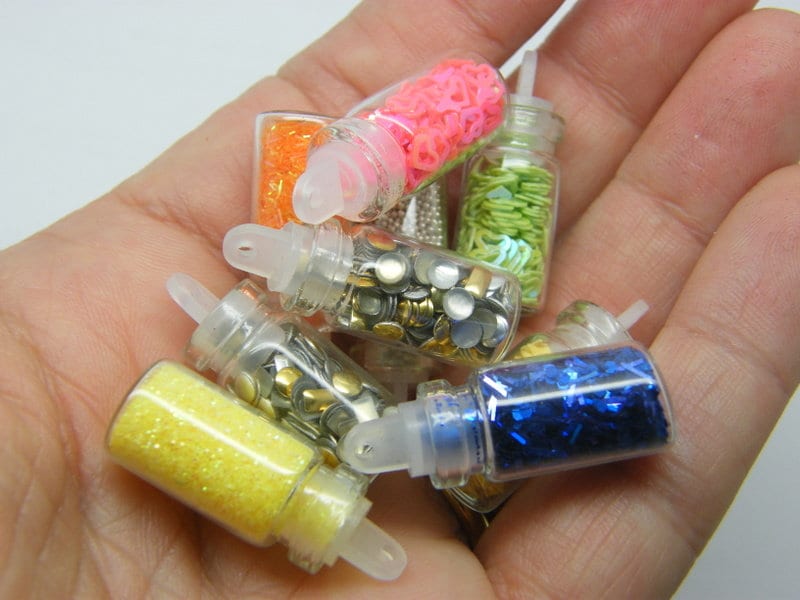 6 Mini glass nail art random mixed bottles with lid charms M298 - SO CUTE !!!
