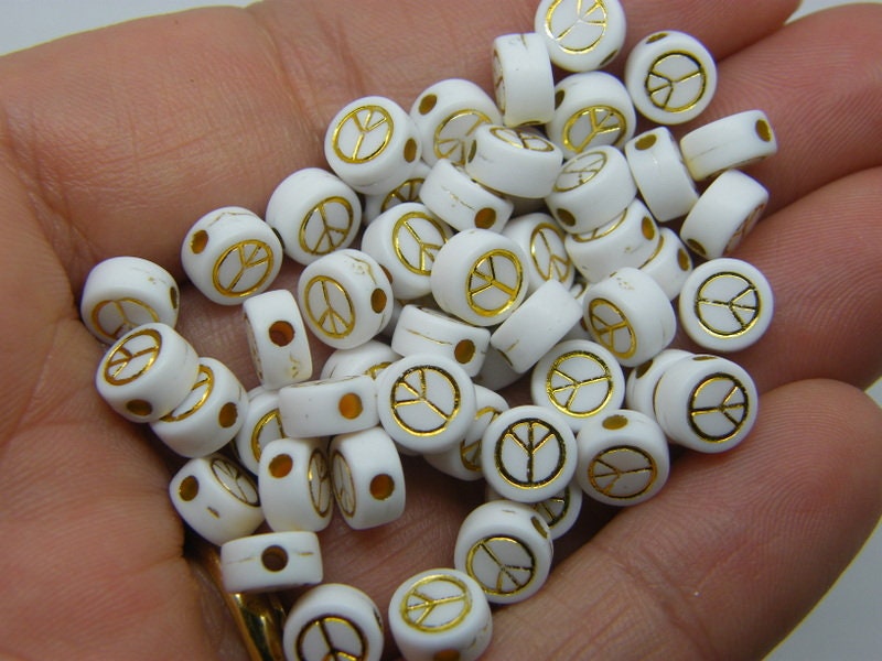 100 Peace symbol bead white gold  acrylic AB127  - SALE 50% OFF