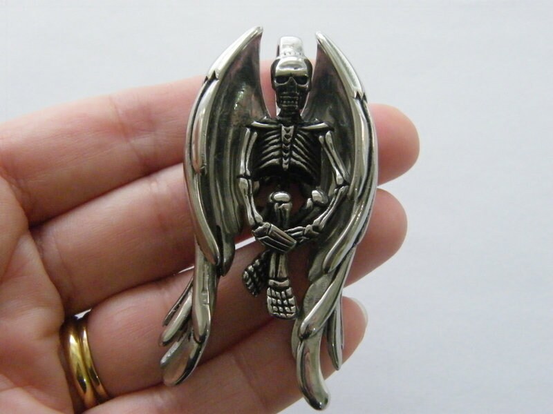 1 Skeleton angel wing pendant antique silver tone stainless steel HC338
