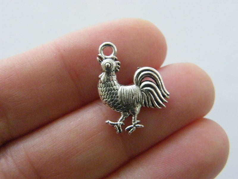 8 Chicken rooster charms antique silver tone B136