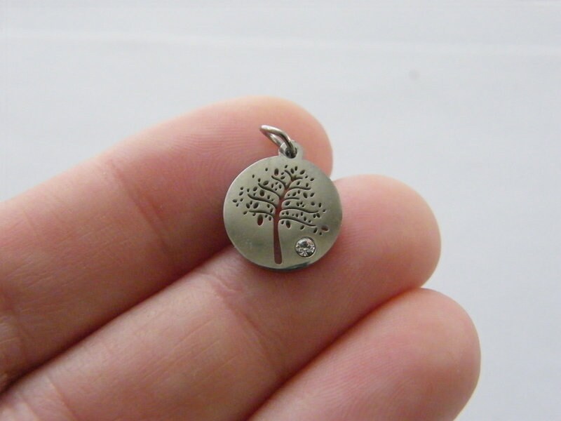 2 Tree rhinestone pendants silver tone stainless steel T43
