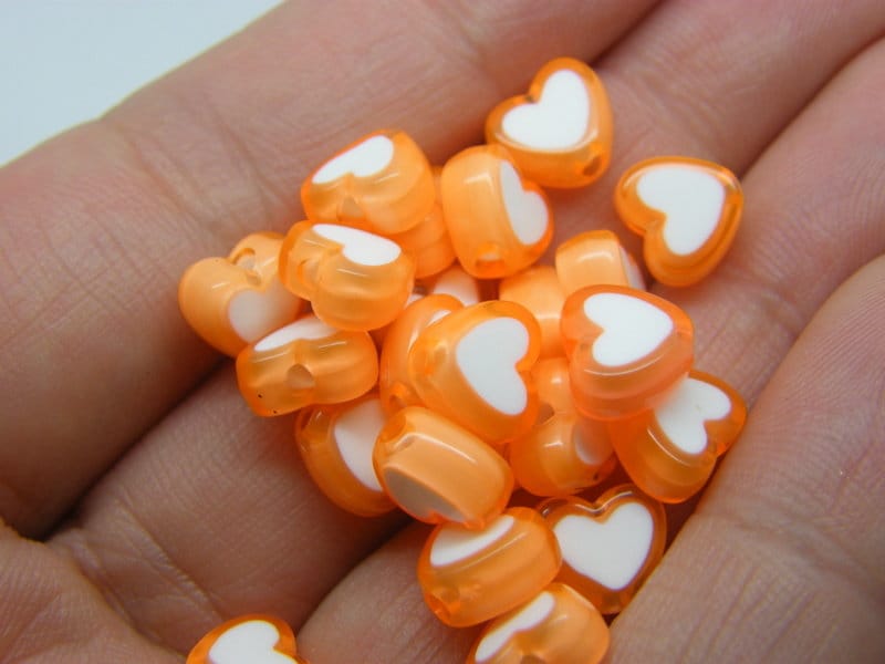 100 heart beads orange white acrylic AB299 - SALE 50% OFF