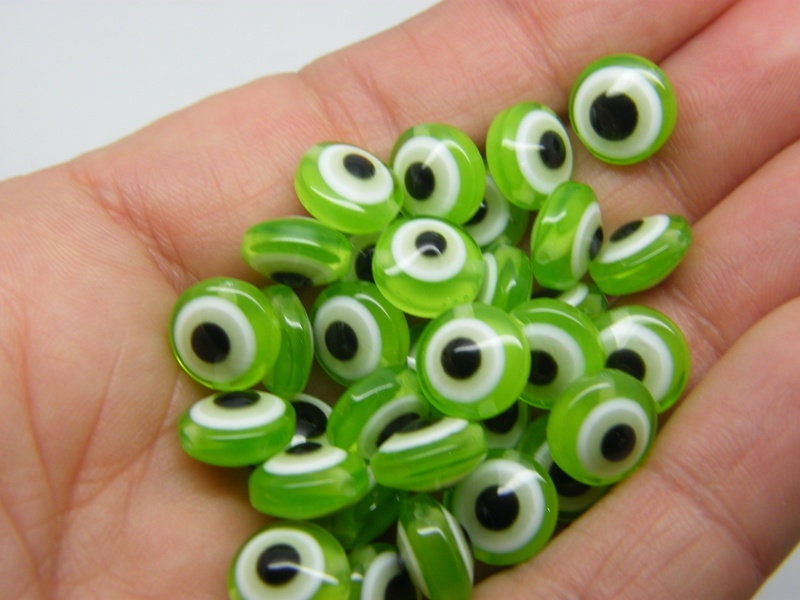 50 Evil eye 10mm beads green resin AB305