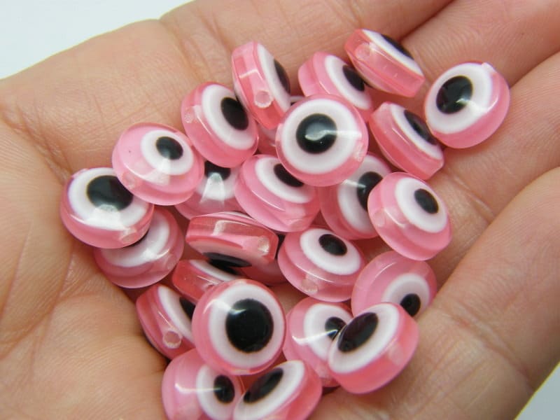 50 Evil eye 10mm beads pink resin AB306