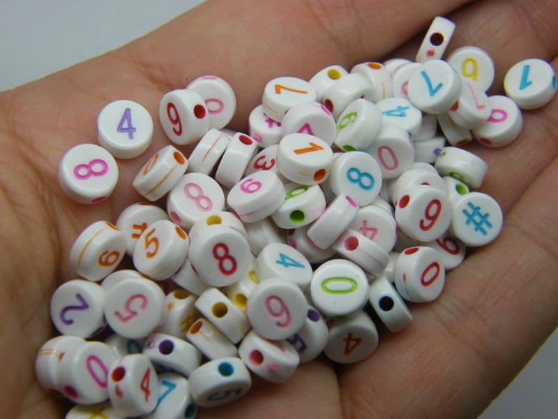 100 Acrylic round white colours number and # RANDOM beads AB282  - SALE 50% OFF