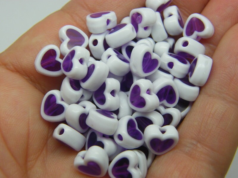 100 heart beads purple white acrylic AB286 - SALE 50% OFF