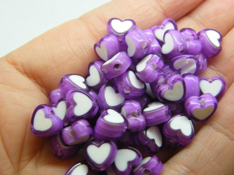 100 heart beads purple white acrylic AB314