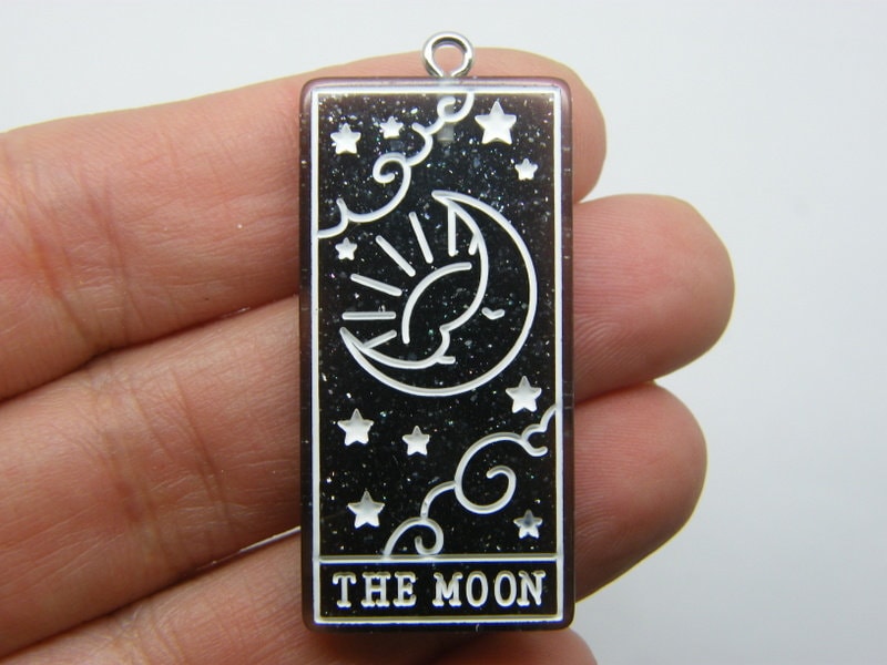 1 The moon tarot reading card pendant black glitter dust white resin HC355