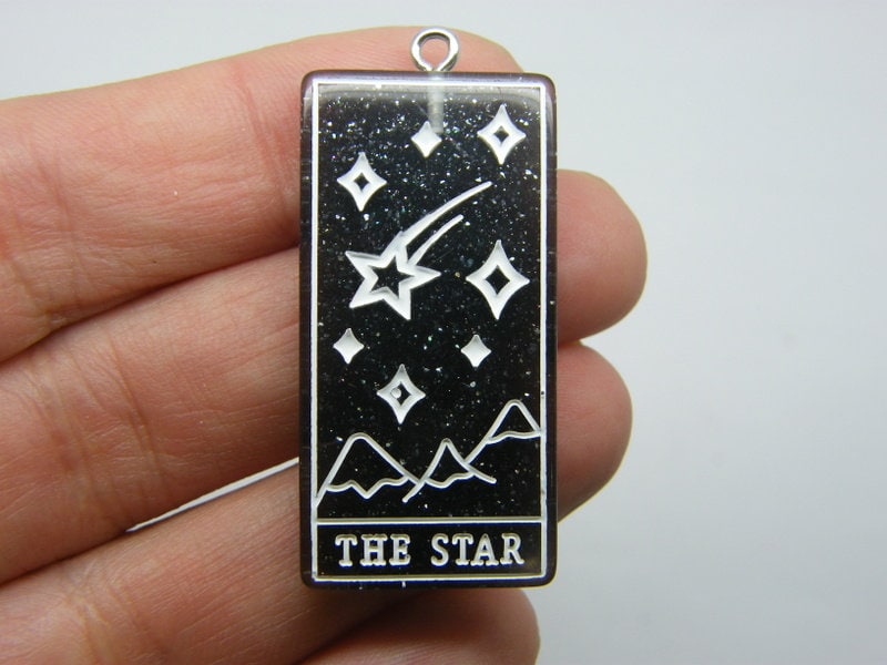 1 The star tarot reading card pendant black glitter dust white resin HC356