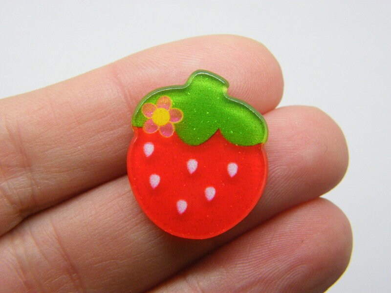 14 Strawberry embellishment cabochon red green plastic FD677