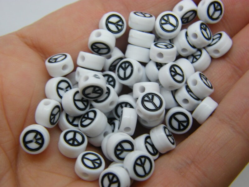 100 Peace symbol bead white black acrylic AB174  - SALE 50% OFF