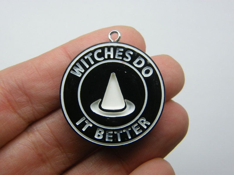 2 Witches do it better pendants black white resin HC364