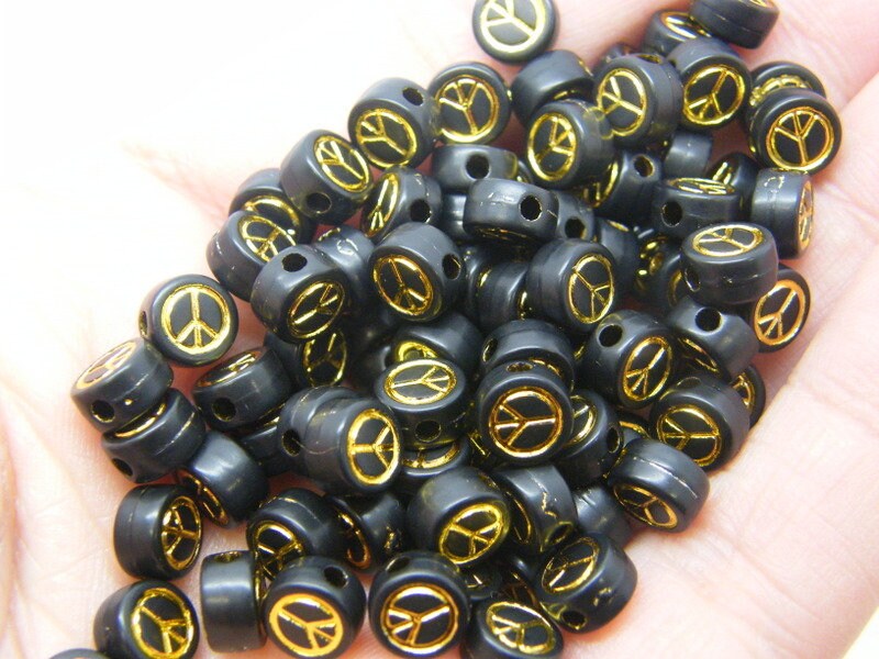 100 Peace symbol bead black gold AB98  - SALE 50% OFF