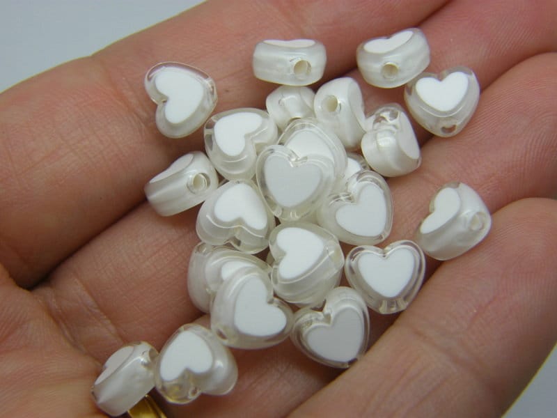100 heart beads clear white acrylic AB297