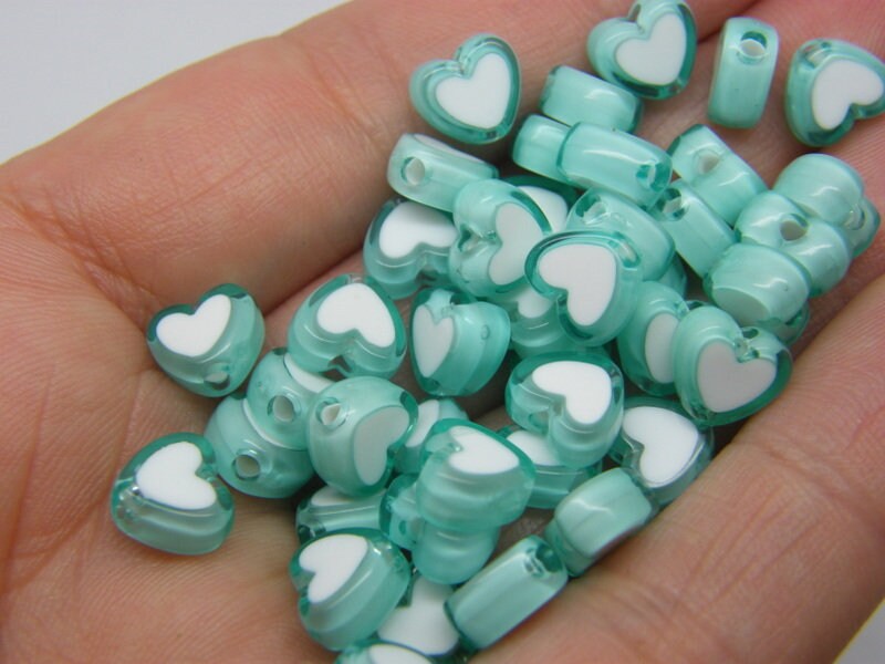 100 heart beads cyan blue green white acrylic AB298 -