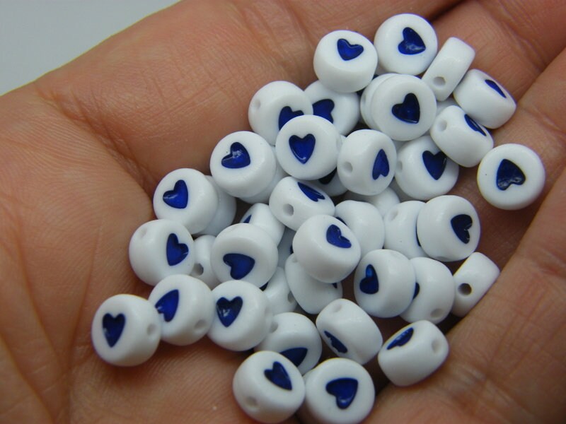 100 heart beads white blue acrylic AB304