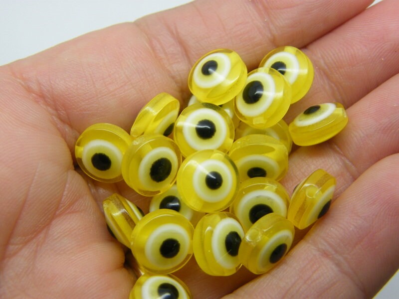 50 Evil eye 10mm beads yellow resin AB308  - SALE 50% OFF