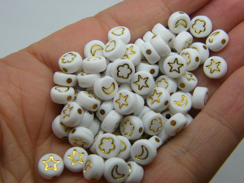 100 Star moon flower heart beads random mixed white gold acrylic AB317  - SALE 50% OFF