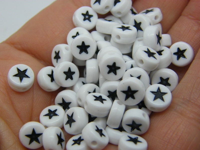 100 Star beads white and black acrylic AB324  - SALE 50% OFF