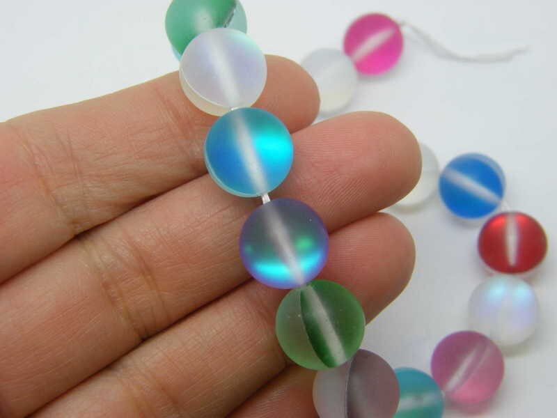 30  Beads imitation moon stone frosted holographic  12mm glass B242