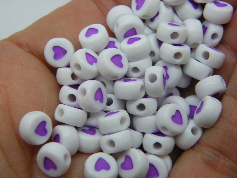 100 Heart bead white and purple acrylic AB341 - SALE 50% OFF
