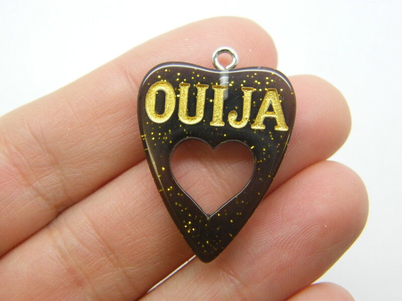 2 Ouija heart pendant gold glitter dust  black resin HC10