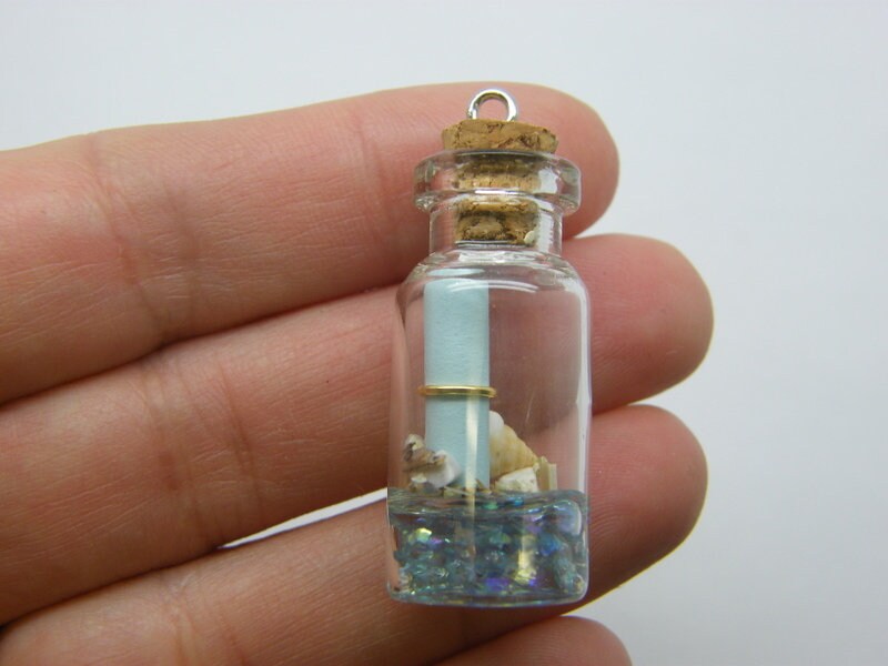 2 Message letter in a bottle shells light blue pendant glass FF626