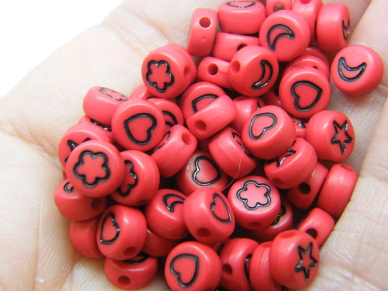 100 Flower heart moon star beads red black acrylic AB339  - SALE 50% OFF