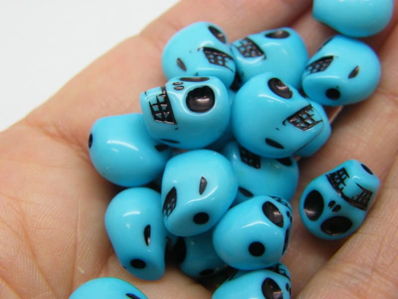 30 Skull beads blue black acrylic BB809 - SALE 50% OFF