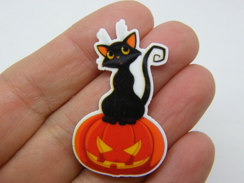 8 Beautiful printed  black cat pumpkin Halloween  embellishment cabochon white orange black resin HC458