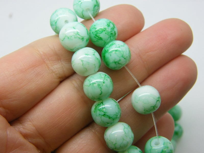 80 Green and white mottled beads 10mm glass B247 - SALE 50% OFF