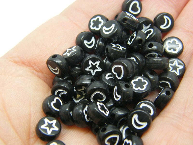 100 Star heart moon flower beads black white acrylic AB327  - SALE 50% OFF