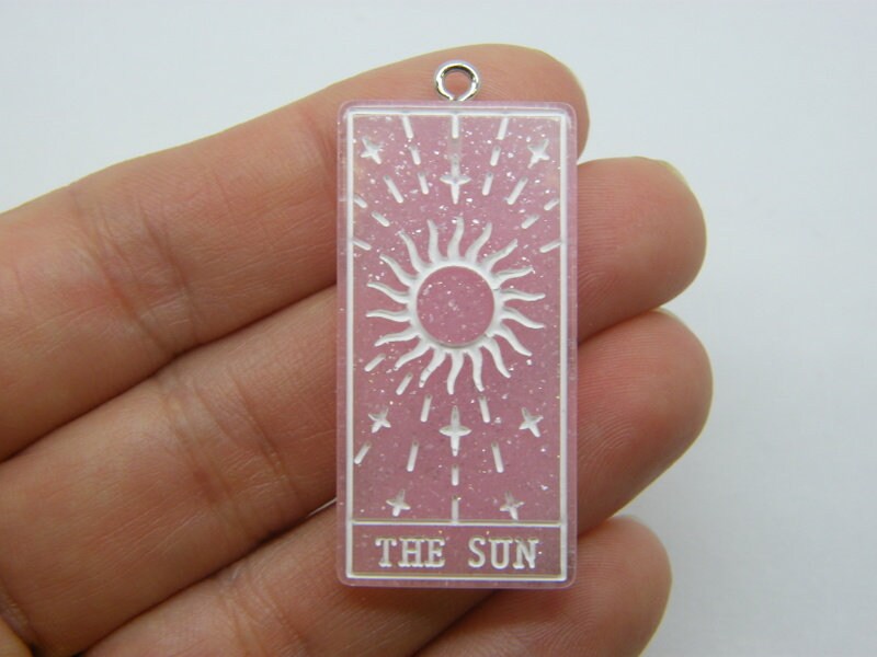 1 The sun tarot reading card pendant pink white glitter dust resin HC479