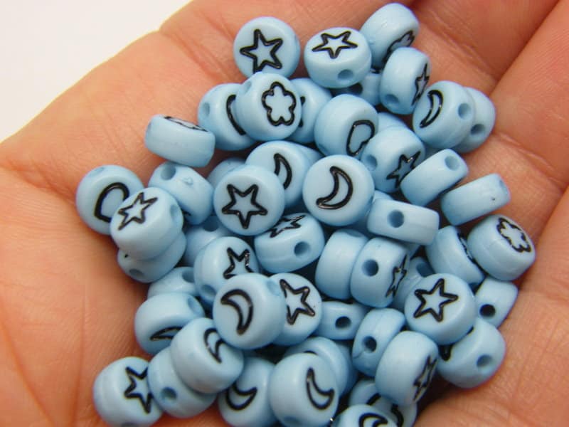 100 Star moon flower heart beads blue black acrylic AB356  - SALE 50% OFF