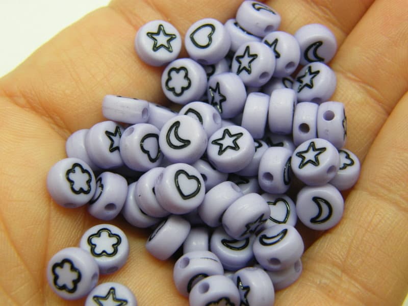 100 Star moon flower heart beads lilac purple black acrylic AB358  - SALE 50% OFF