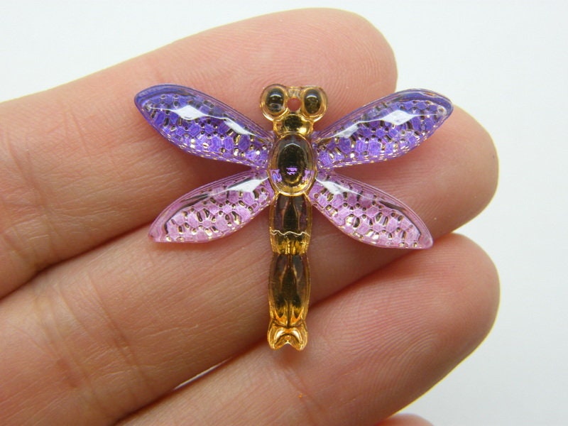 4 Dragonfly pendants purple pink acrylic A1145
