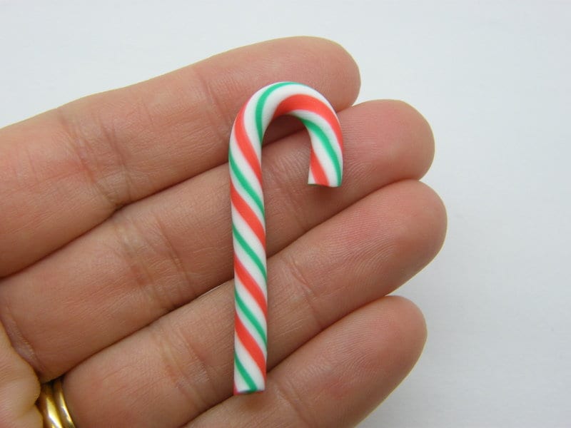 6 Candy cane Christmas embellishment miniature green red and white clay FD692
