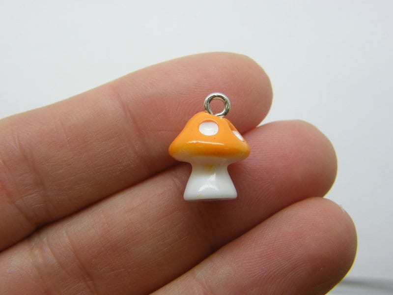 8 Mushroom orange and white charms resin L354