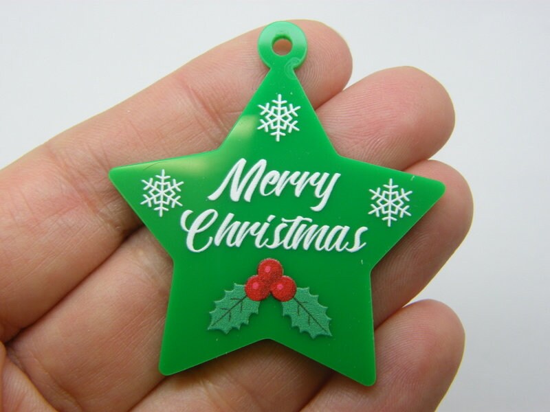 2 Merry Christmas holly star pendant green acrylic CT47