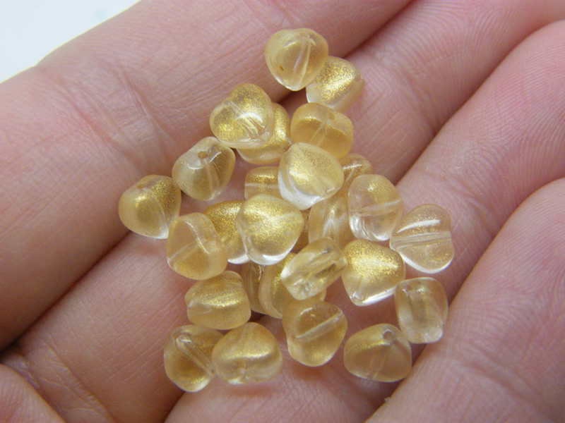 30 Heart beads yellow glitter dust glass AB367